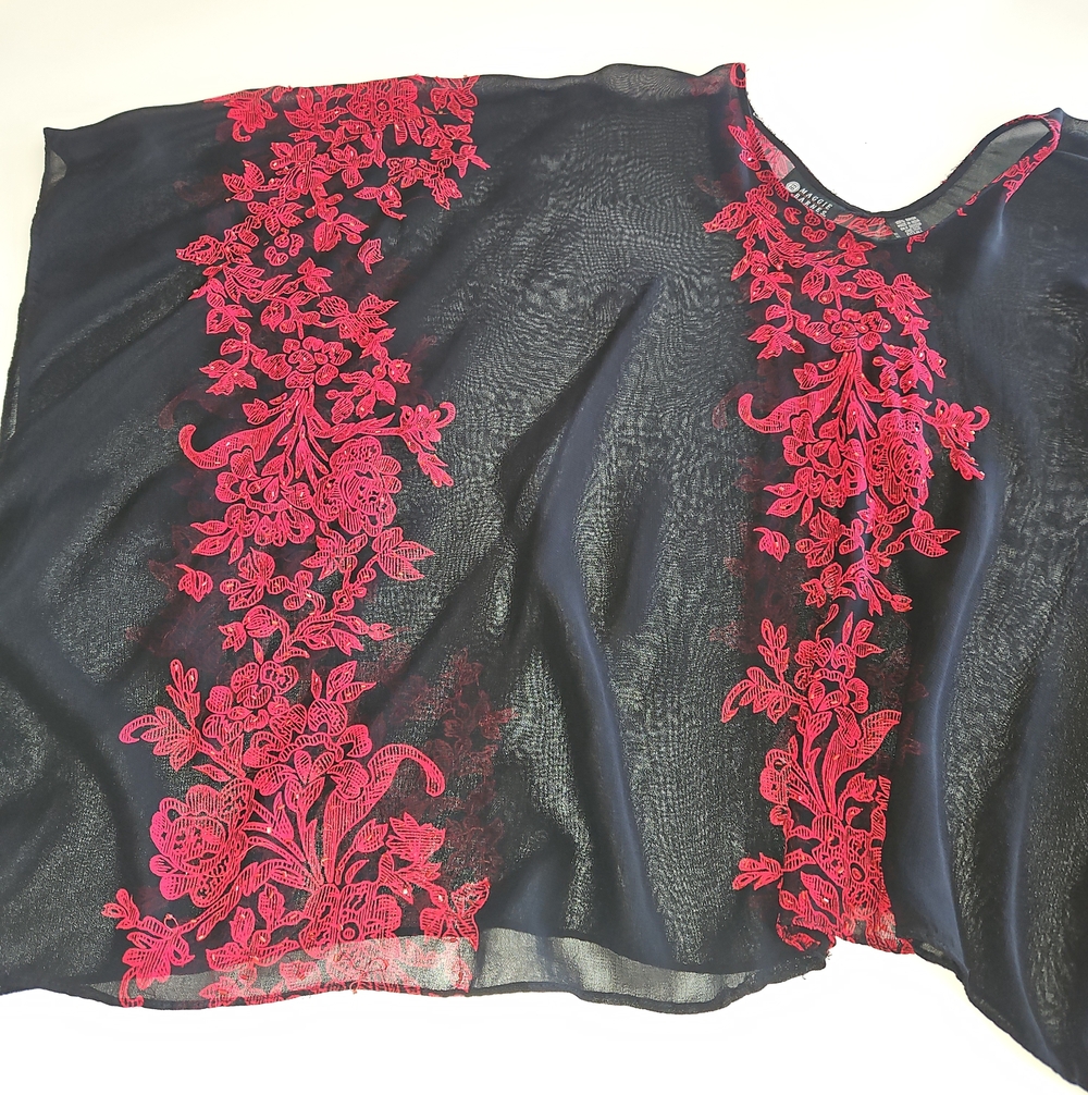 Maggie Barnes Black Sheer Poncho with Red Floral Embroidery - Picture 6 of 7